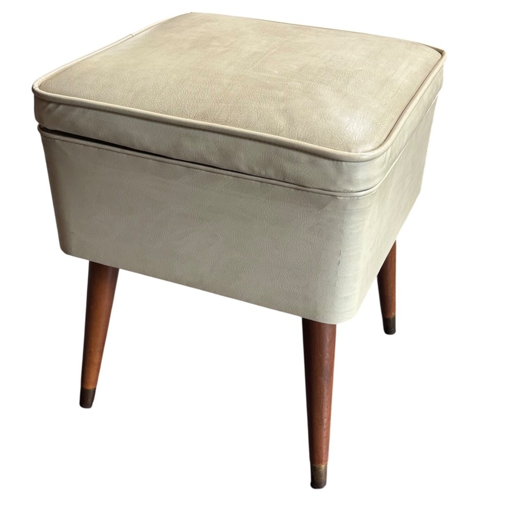 Vtg Vinyl Singer Sewing Ottoman | MCM | Storage Foot Stool | Wood Legs w Brass